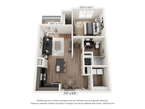 A 3D floor plan of a small apartment with a kitchen, living room, and bedroom.
